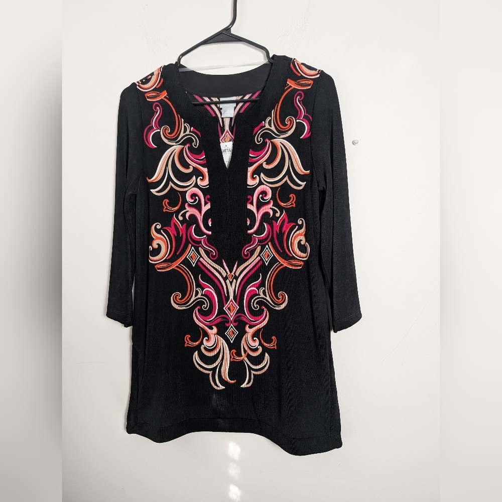Chicos Travelers Tunic Boho Scroll Placed Pink Black Sz 0 Small